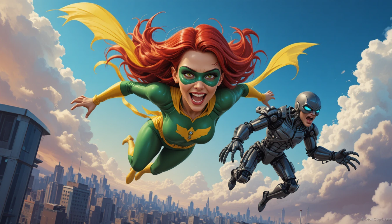 Red haired superhero soaring above a glowing city skyline