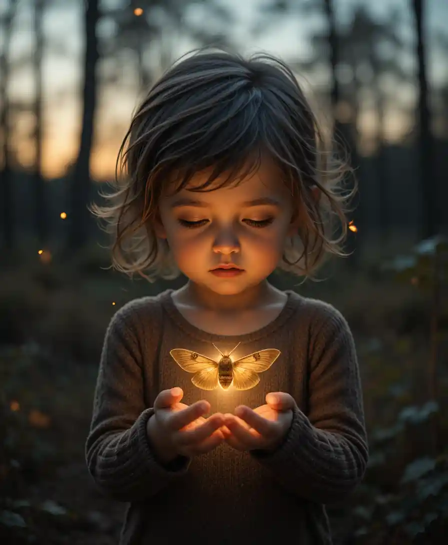 Bambino che tiene in mano una falena luminosa in una foresta al crepuscolo
