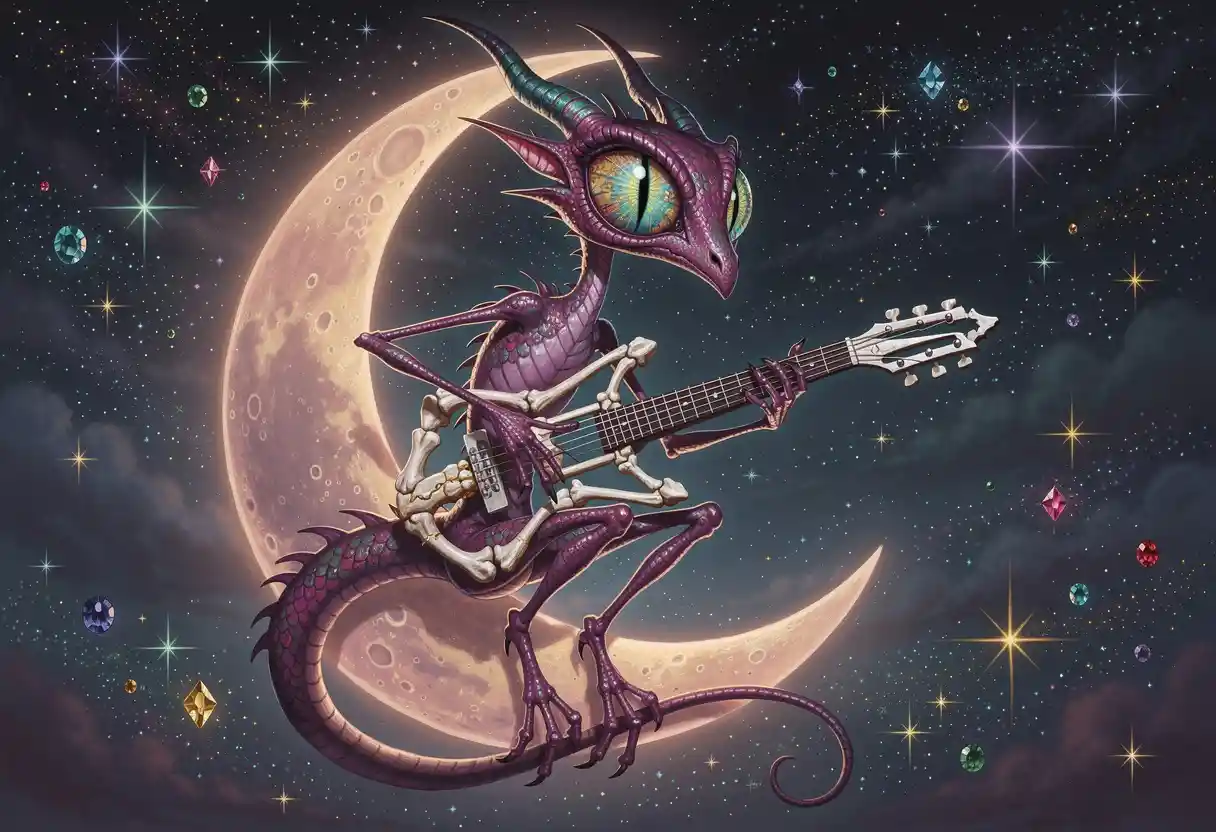 Melancholic dragon playing bone guitar on crescent moon