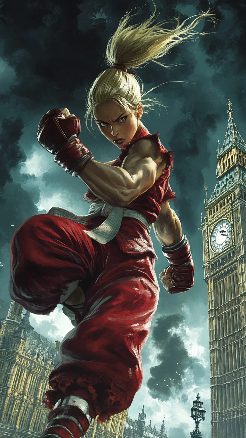 Martial artist woman posing in front of cloudy London skyline
