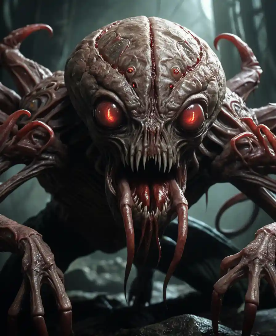 Monstruo grotesco de araña cerebral con múltiples ojos en primer plano