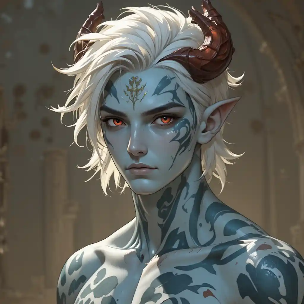 Young fantasy warrior man with white hair and red eyes