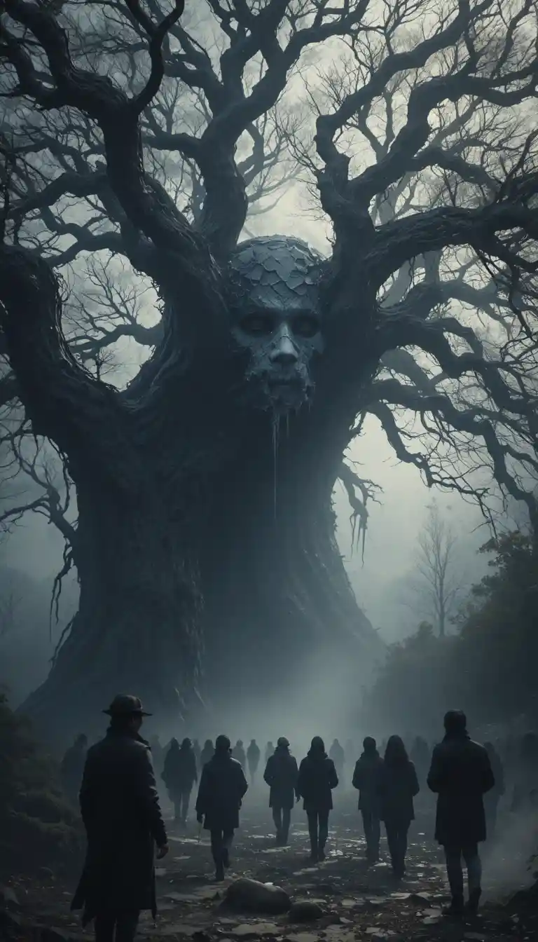 Close up ghostly specter under an ancient iron tree