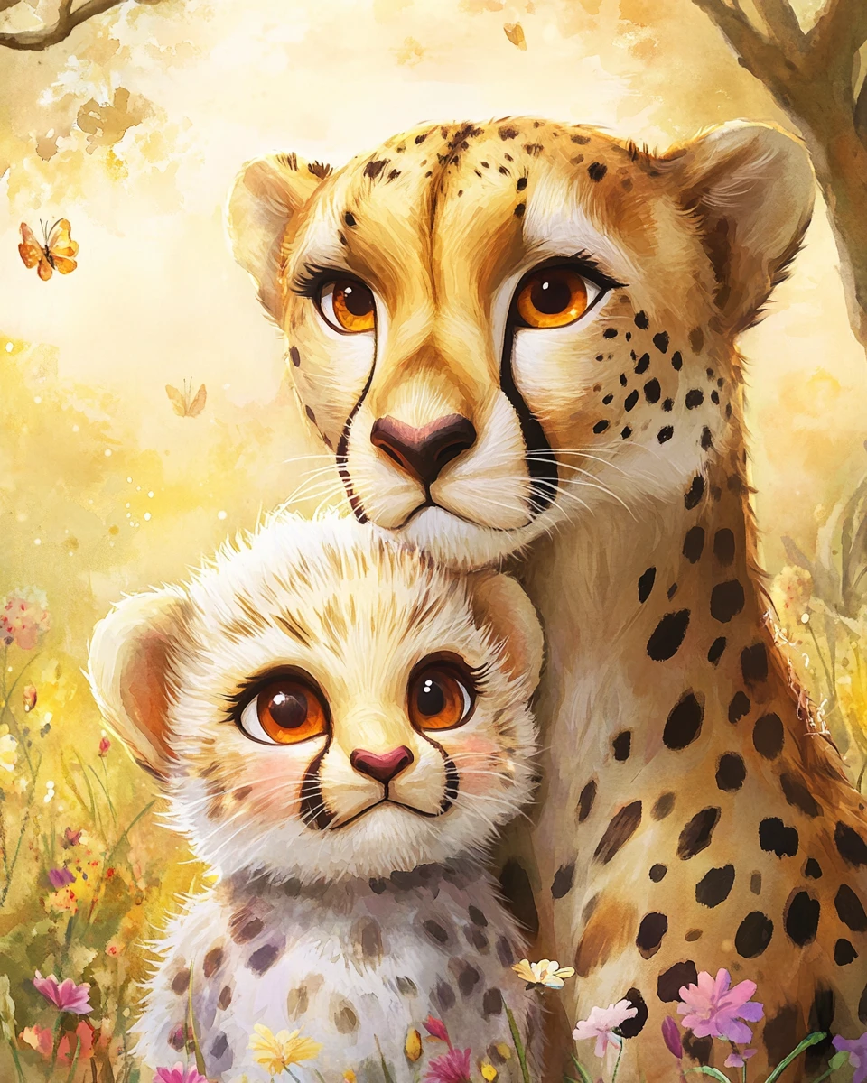 Mãe e filhote de chita em aquarela em savana radiante