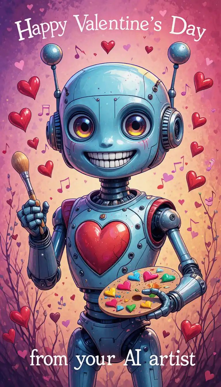Verspielter Roboter-Maler in bunter Valentinstag-Szene