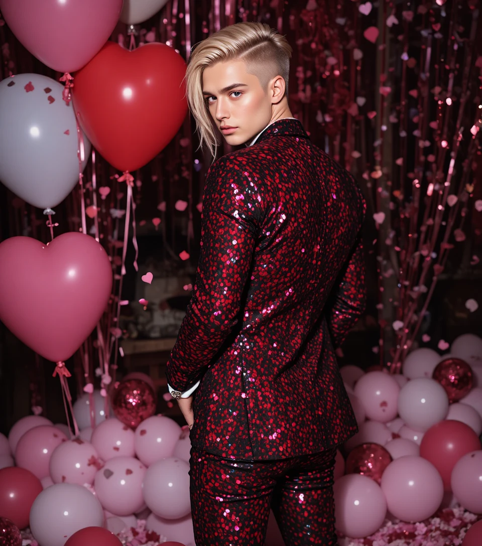 Blond young man in sequined suit at valentine party