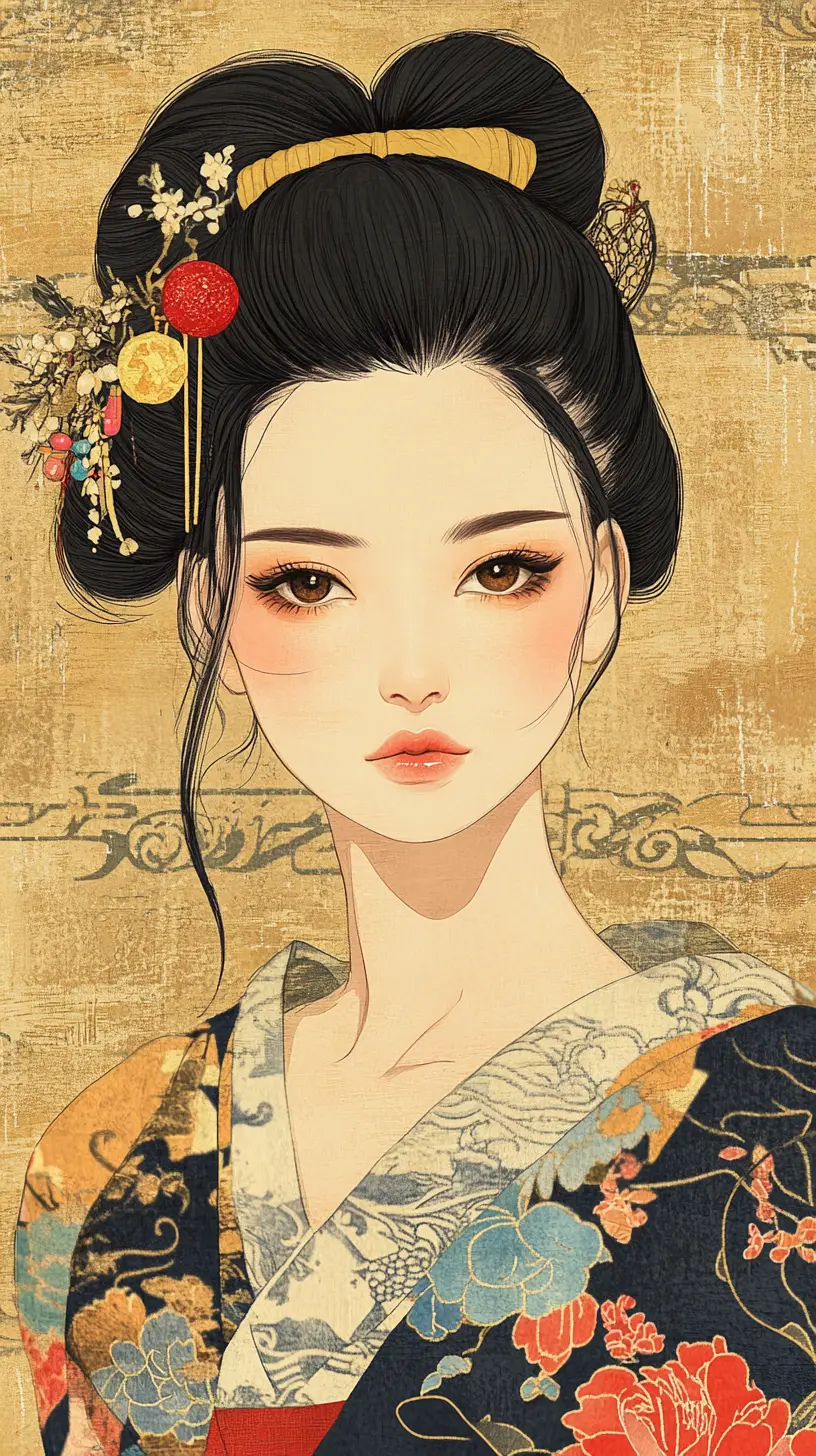 Illustrazione di ritratto di donna asiatica in kimono in stile ukiyo-e