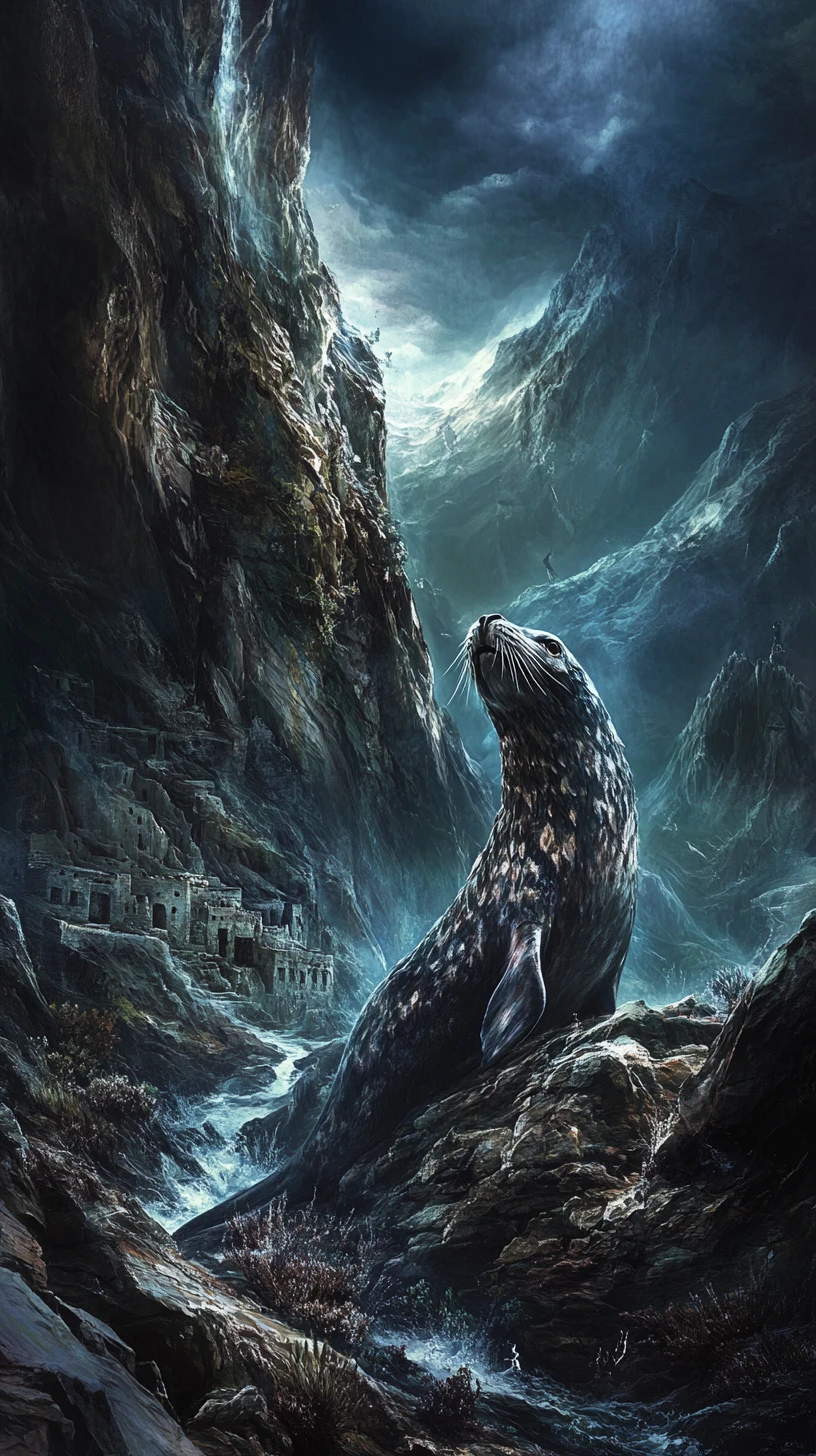 Mystical fantasy seal amid rugged Corsican coastal cliffs