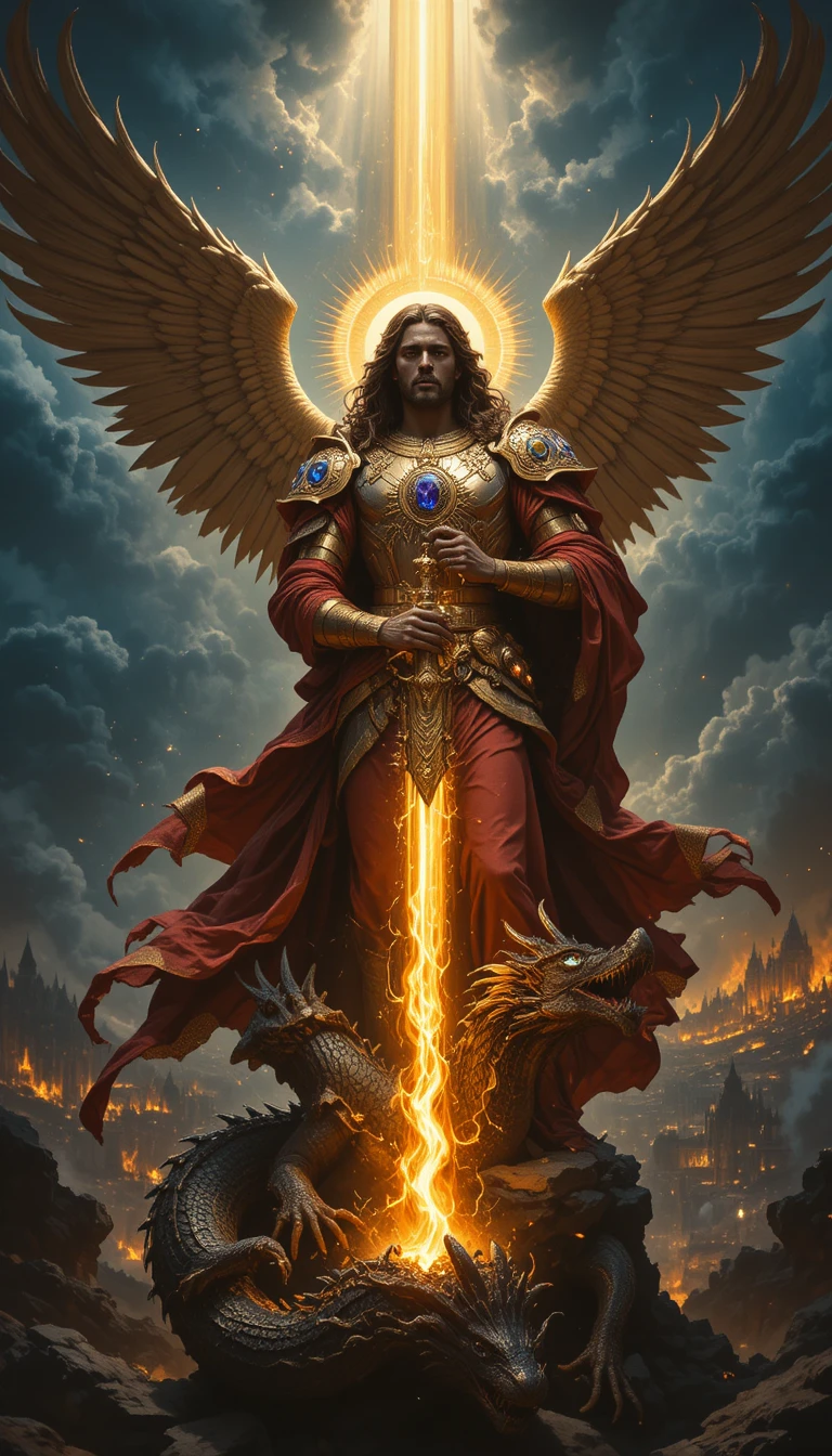 Archangel Michael Defeating A Seven Headed Dragon In Stormy Skies