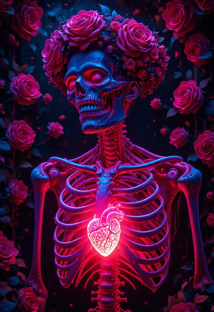 Neon zombie with glowing heart amid surreal nature