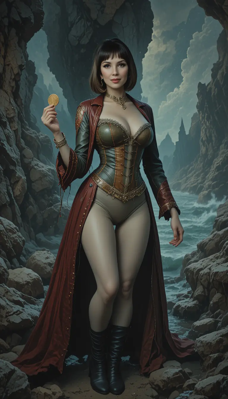 Ghostly pirate woman on a rocky shoreline holding a coin