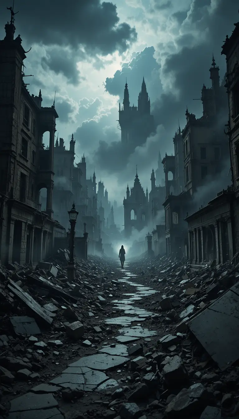 Ominous Post Apocalyptic City Ruins Under Stormy Sky