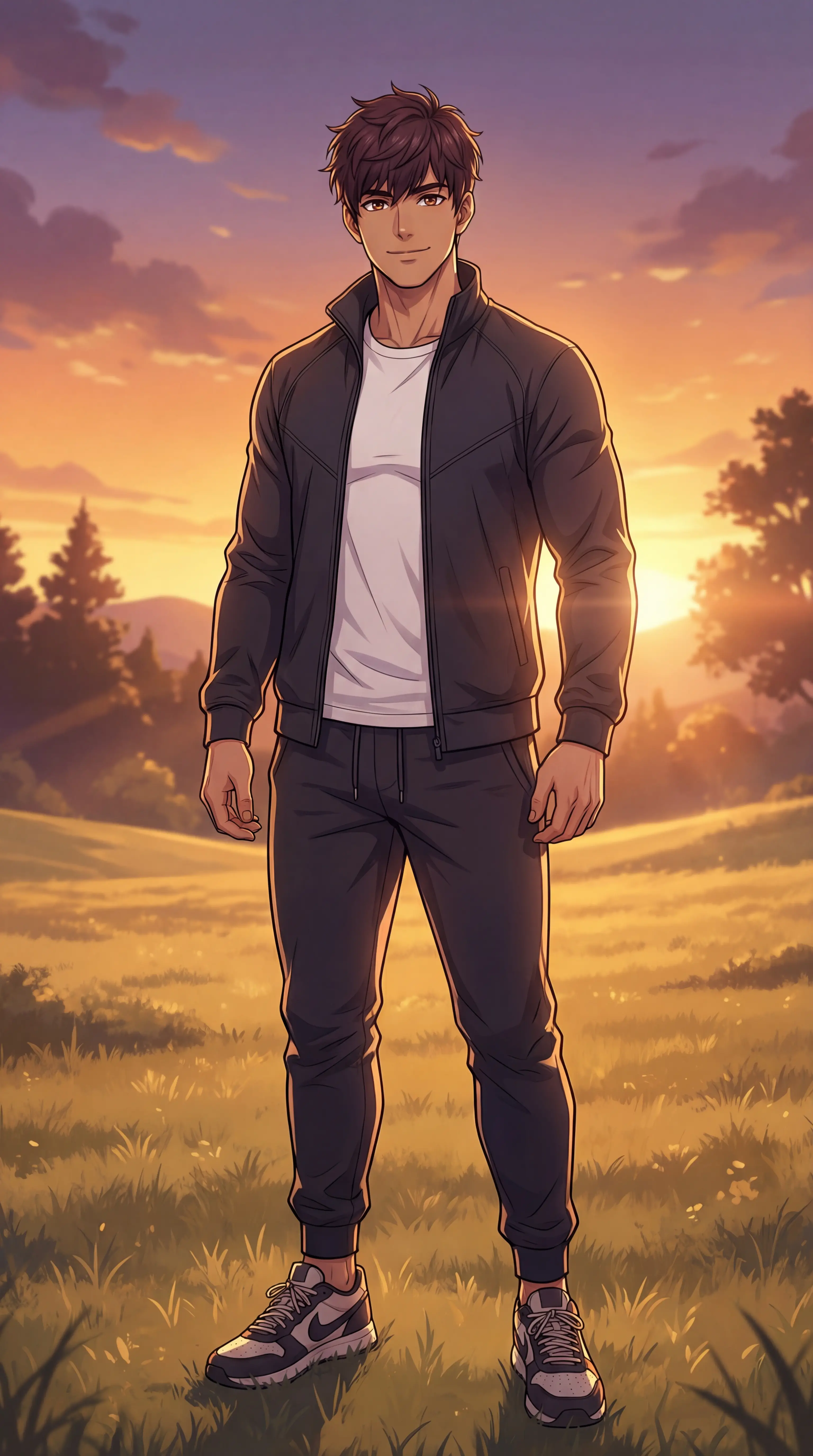 Joven confiado en estilo anime al atardecer dorado