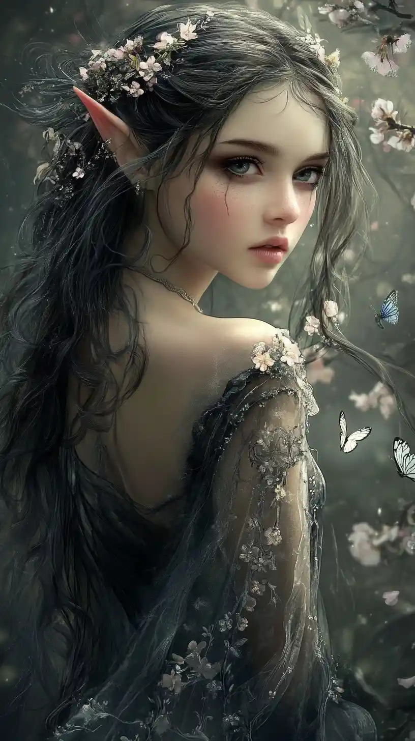Melancholic elf girl in layered floral dress outdoors