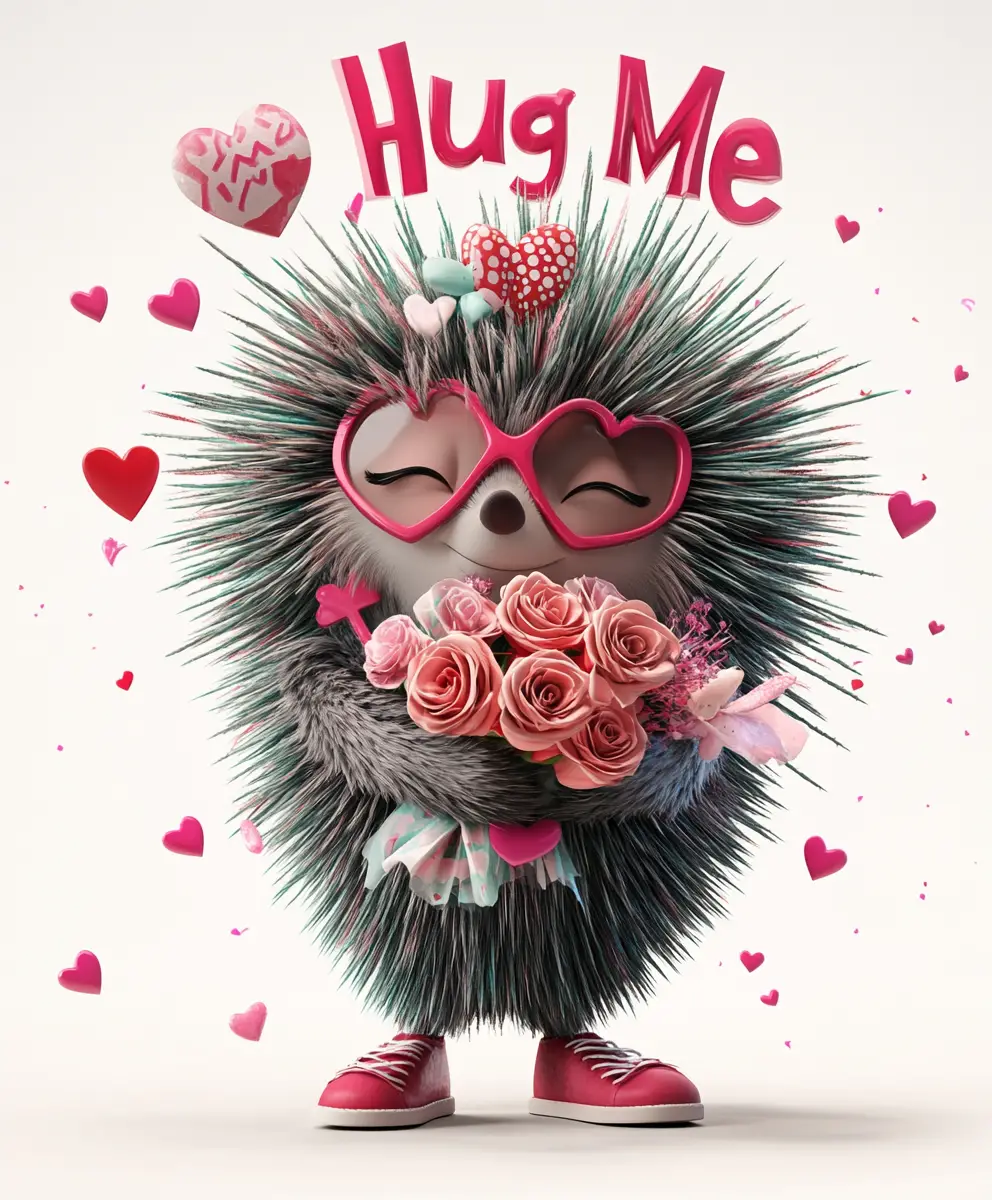 Cute 3d porcupine with roses and heart sunglasses