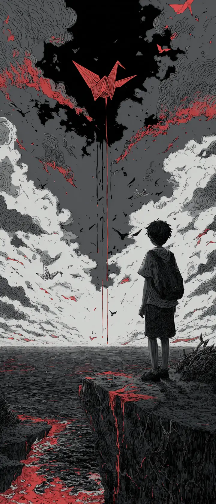 Teenage boy on a cliff releasing an origami crane