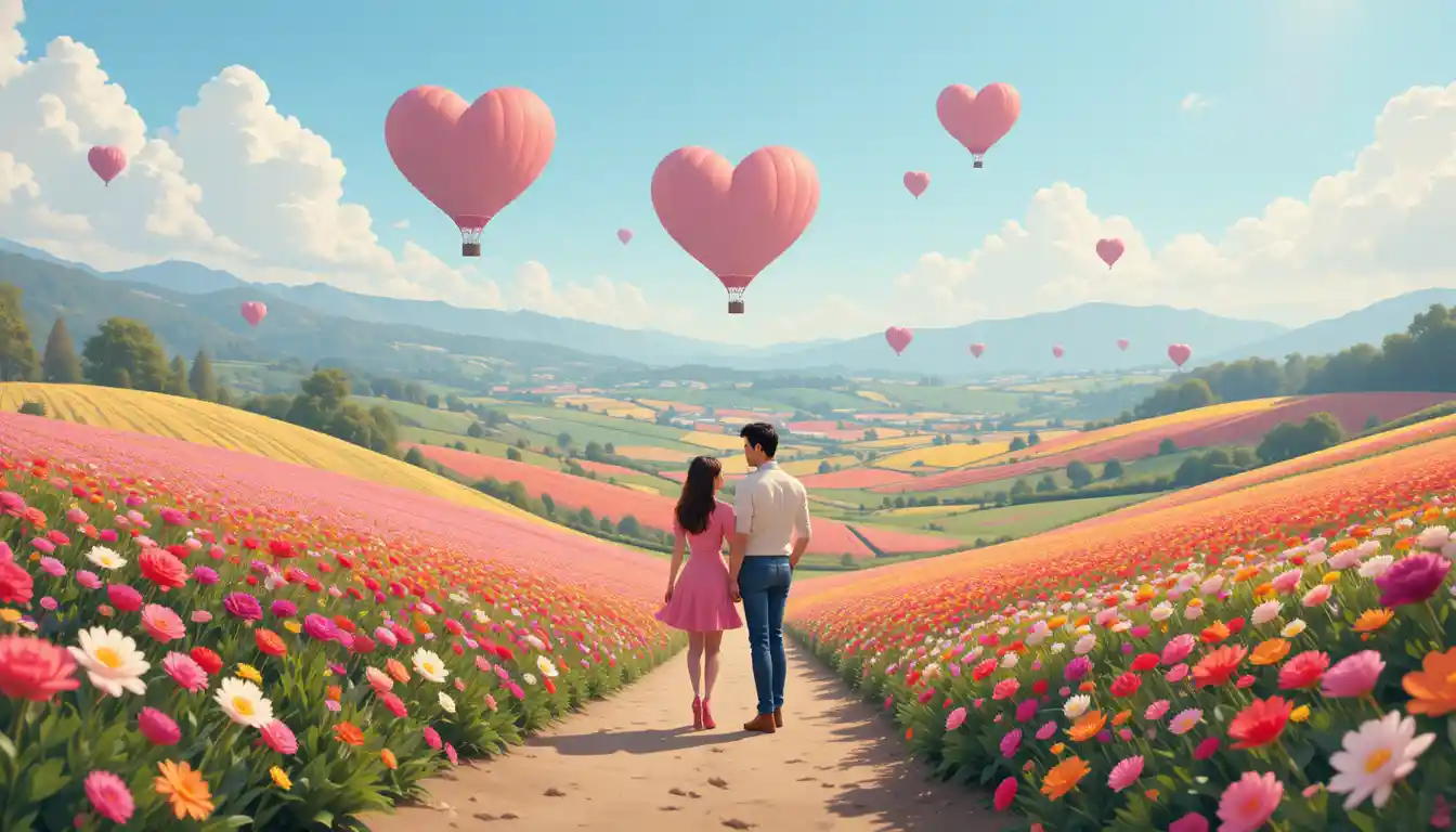 Romantic couples in flower fields with heart hot air balloons