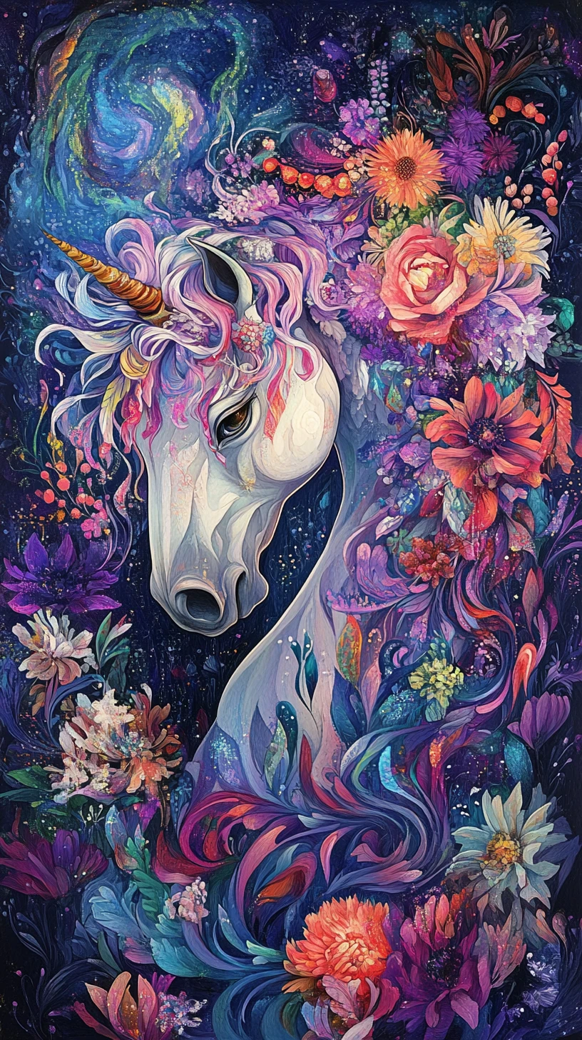 Caballo místico que surge de un exuberante paisaje floral de fantasía