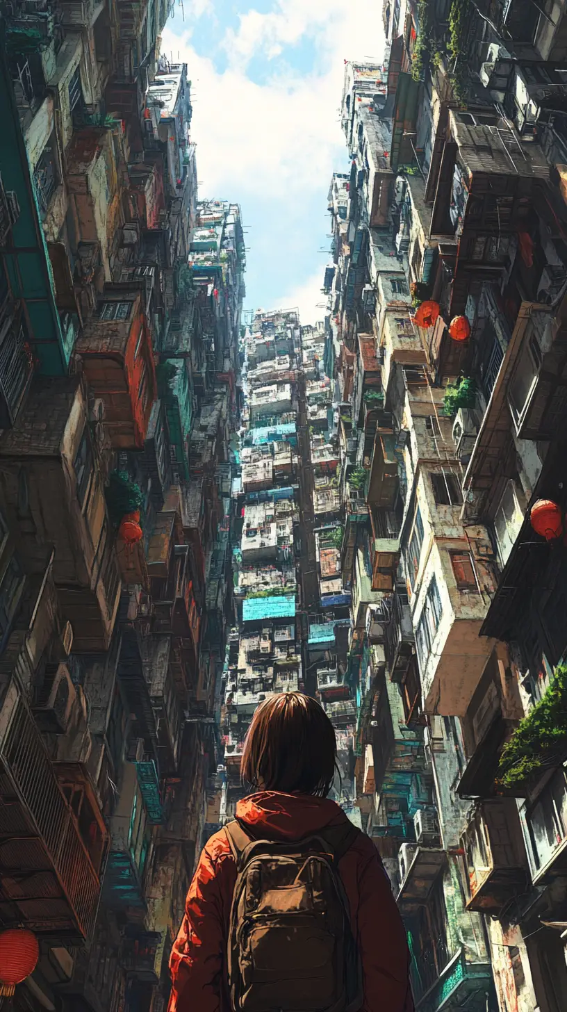 Woman In Red Jacket Looking Up In Colorful City Alley