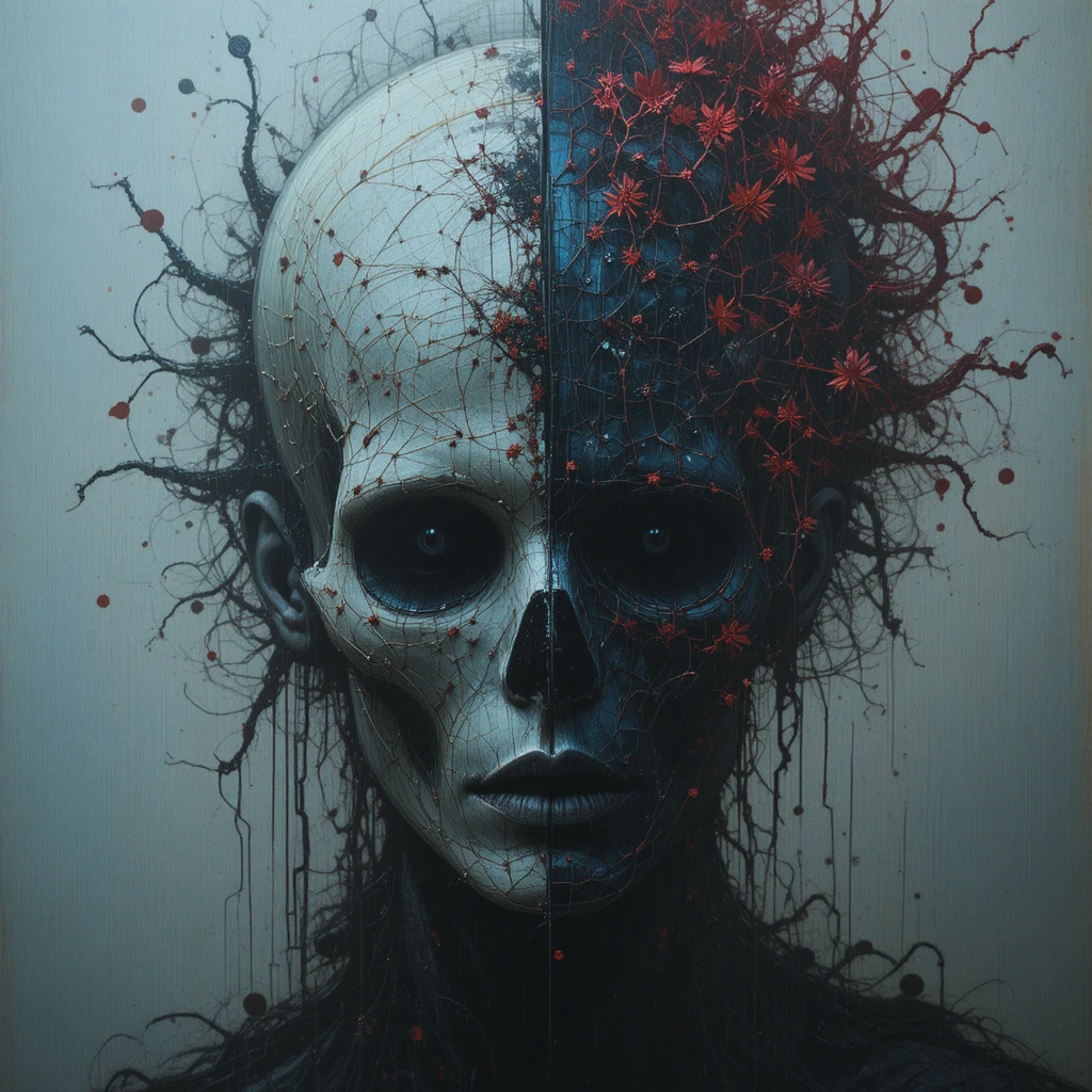 Teschio cyberpunk malinconico con strati di pixel fratturati