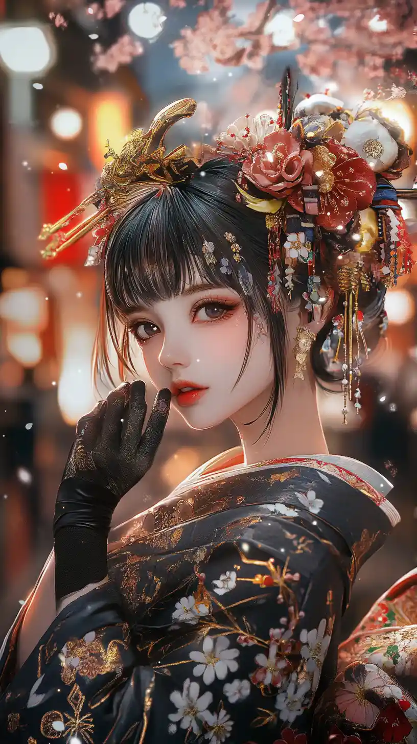 Anime heroine in floral kimono on a neon japanese street