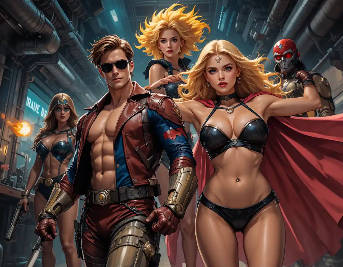 Dynamic team of superheroes striking powerful action poses