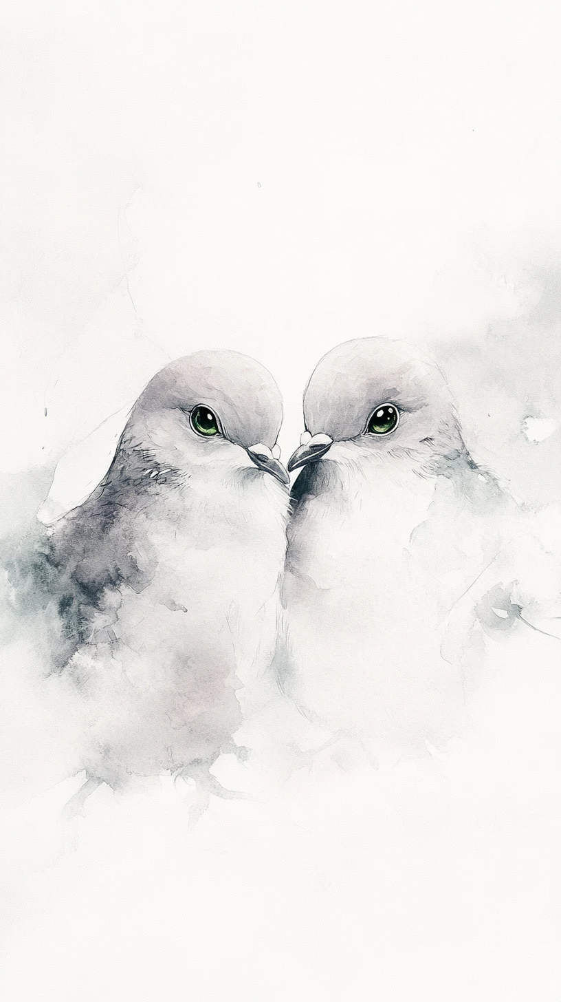 Dreamlike watercolor doves with shining green eyes on white