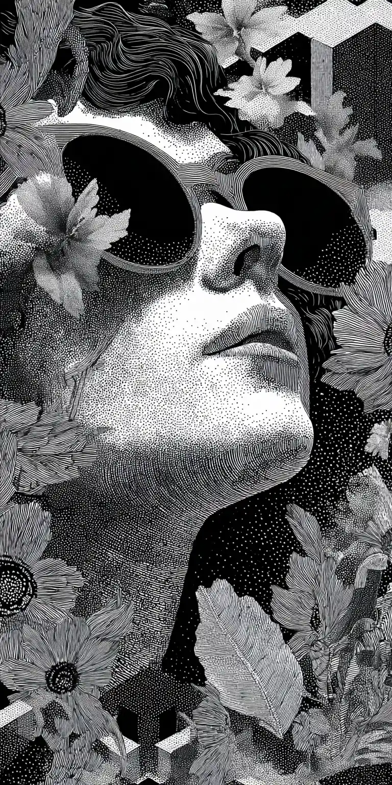 Retrato surreal em preto e branco de uma mulher com flores e óculos de sol