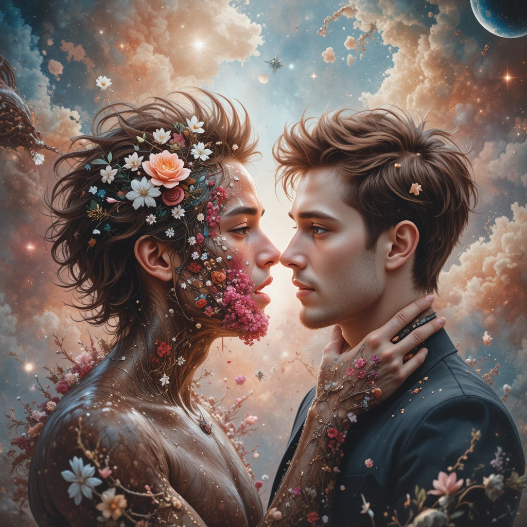 Romantic male lovers sharing a tender nebula kiss