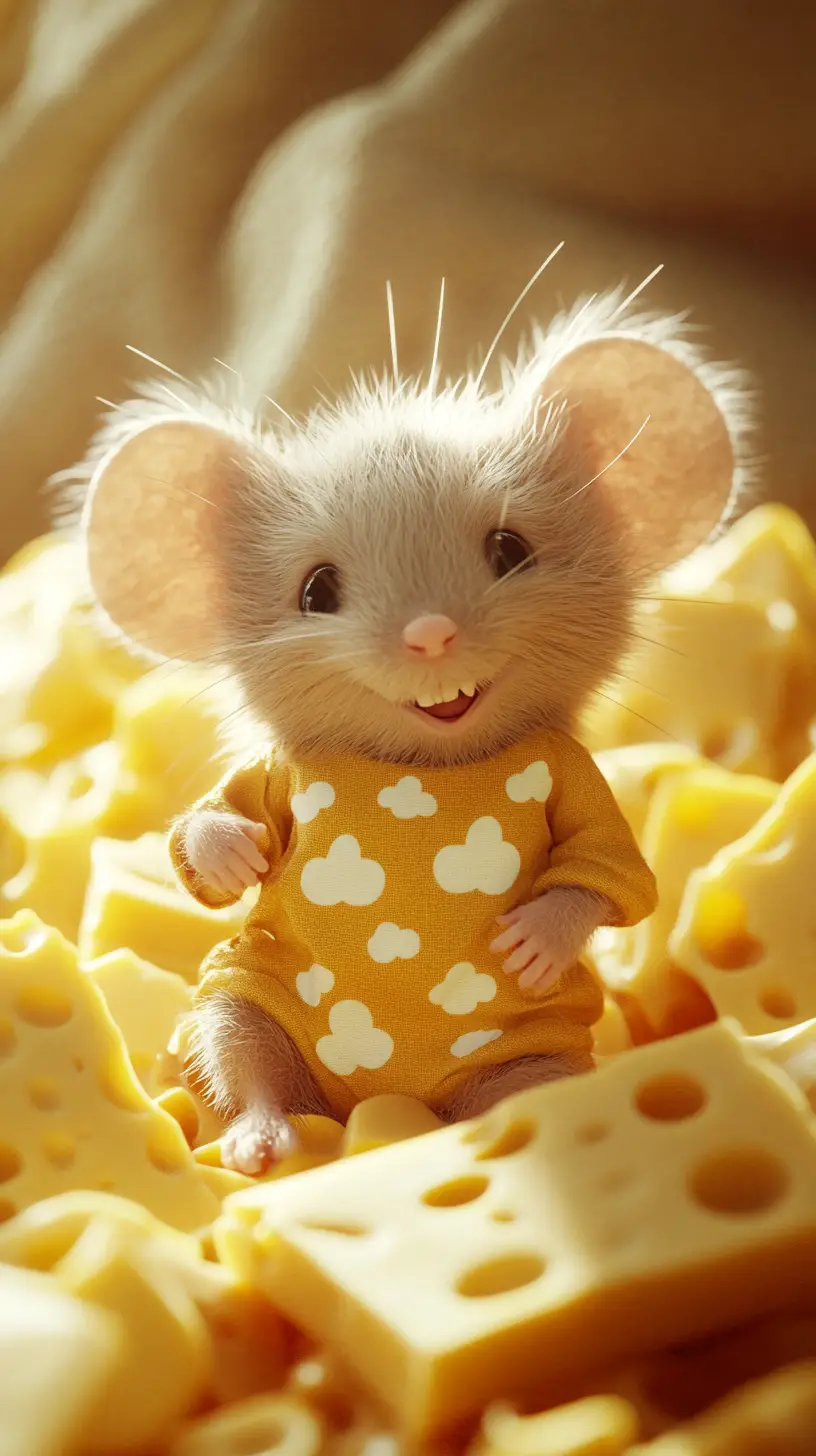 Cute brown mouse in yellow jumpsuit surrounded by cheese