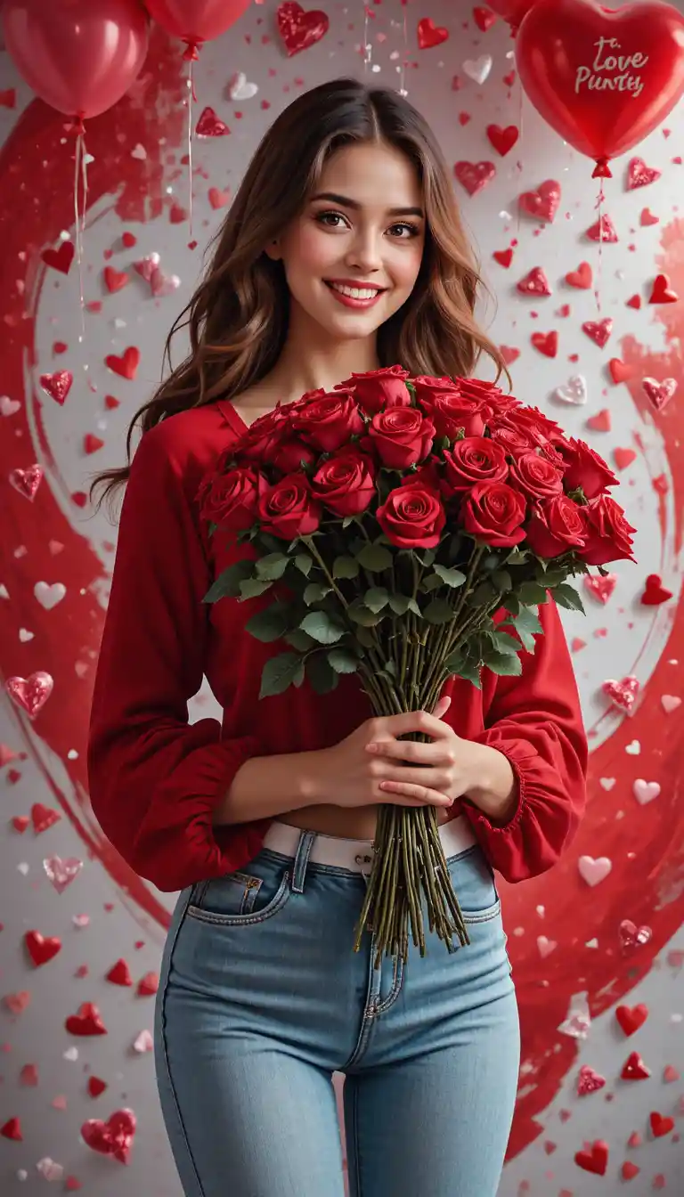 Italian brunette girl with roses on red romantic background