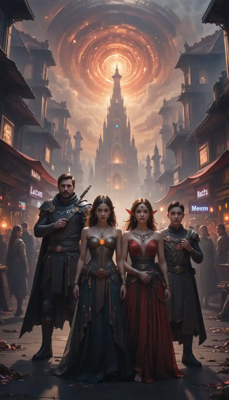 Adventuring party in a chaotic cosmic fantasy bazaar