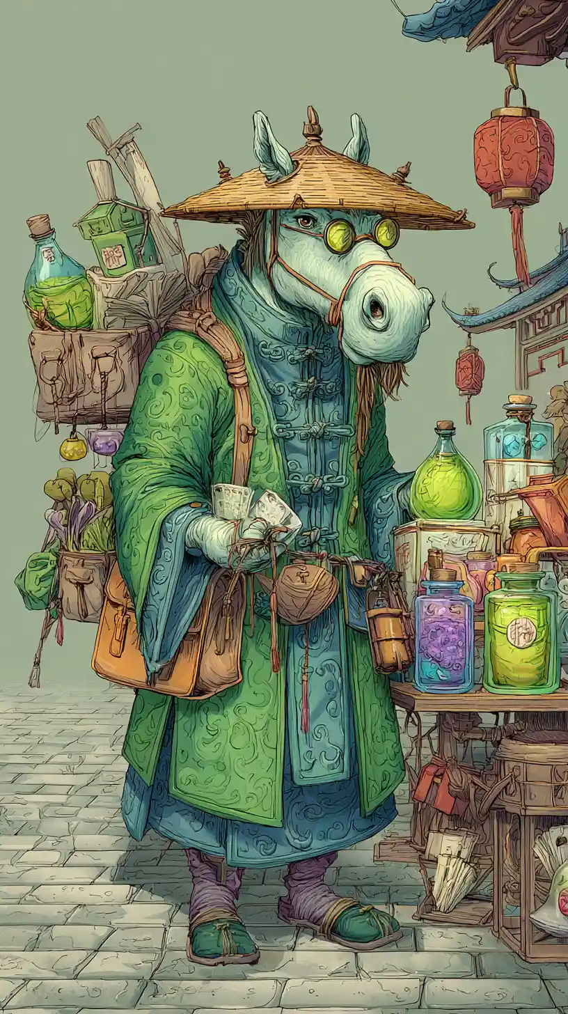 Anthropomorphic stallion selling magical potions in a market