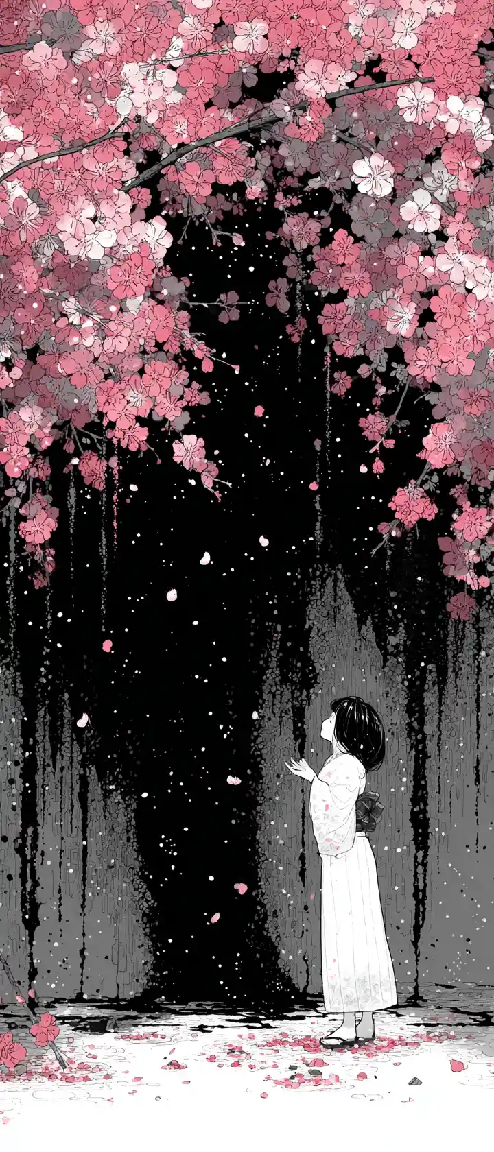 Girl in yukata under snowfall and blooming cherry tree