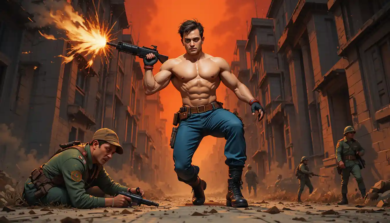 Muscular shirtless soldier kicking forward in fiery battle