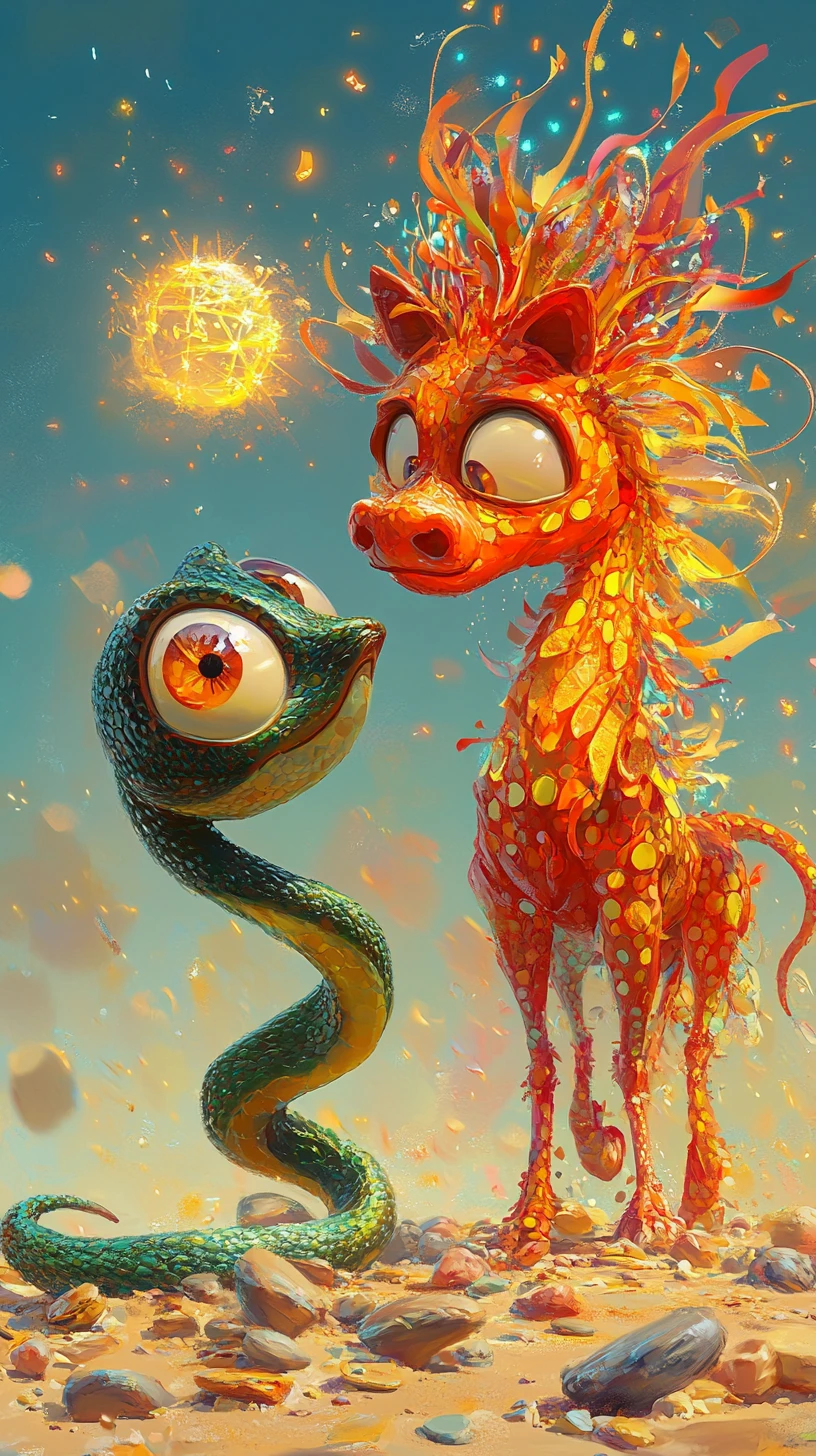 Cartoon Snake And Fiery Horse In Sandy Fantasy Scene