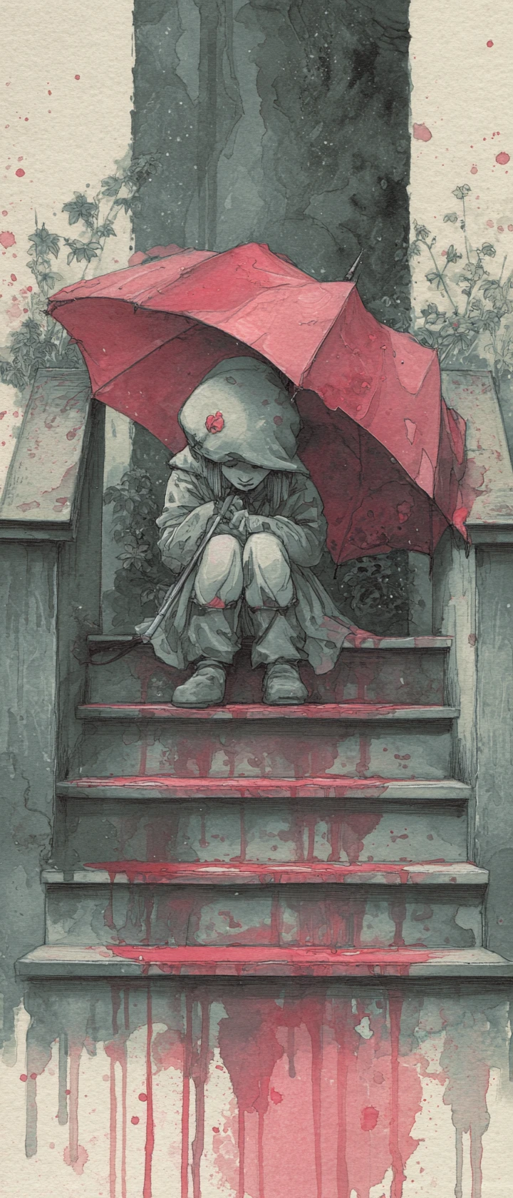 Girl shielding a paper umbrella on rainy porch steps