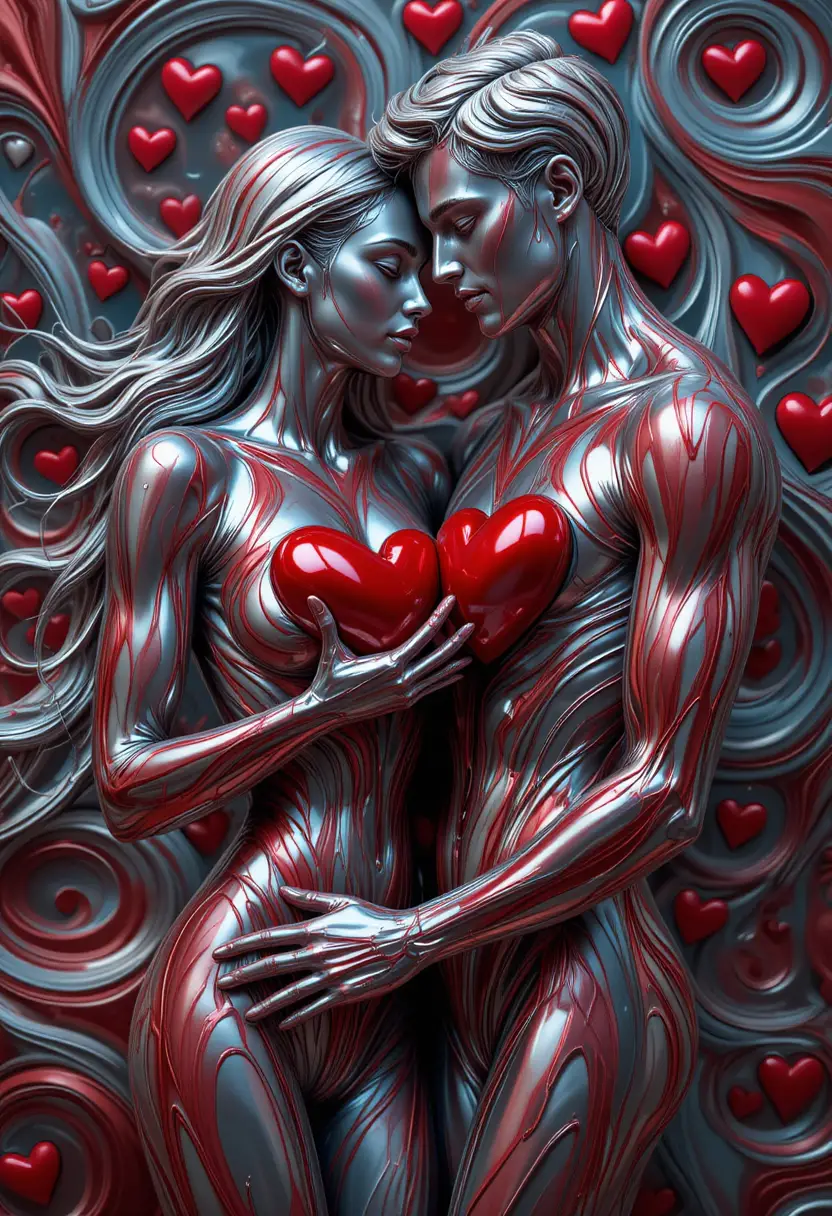 Metallic couple embracing with glowing red hearts