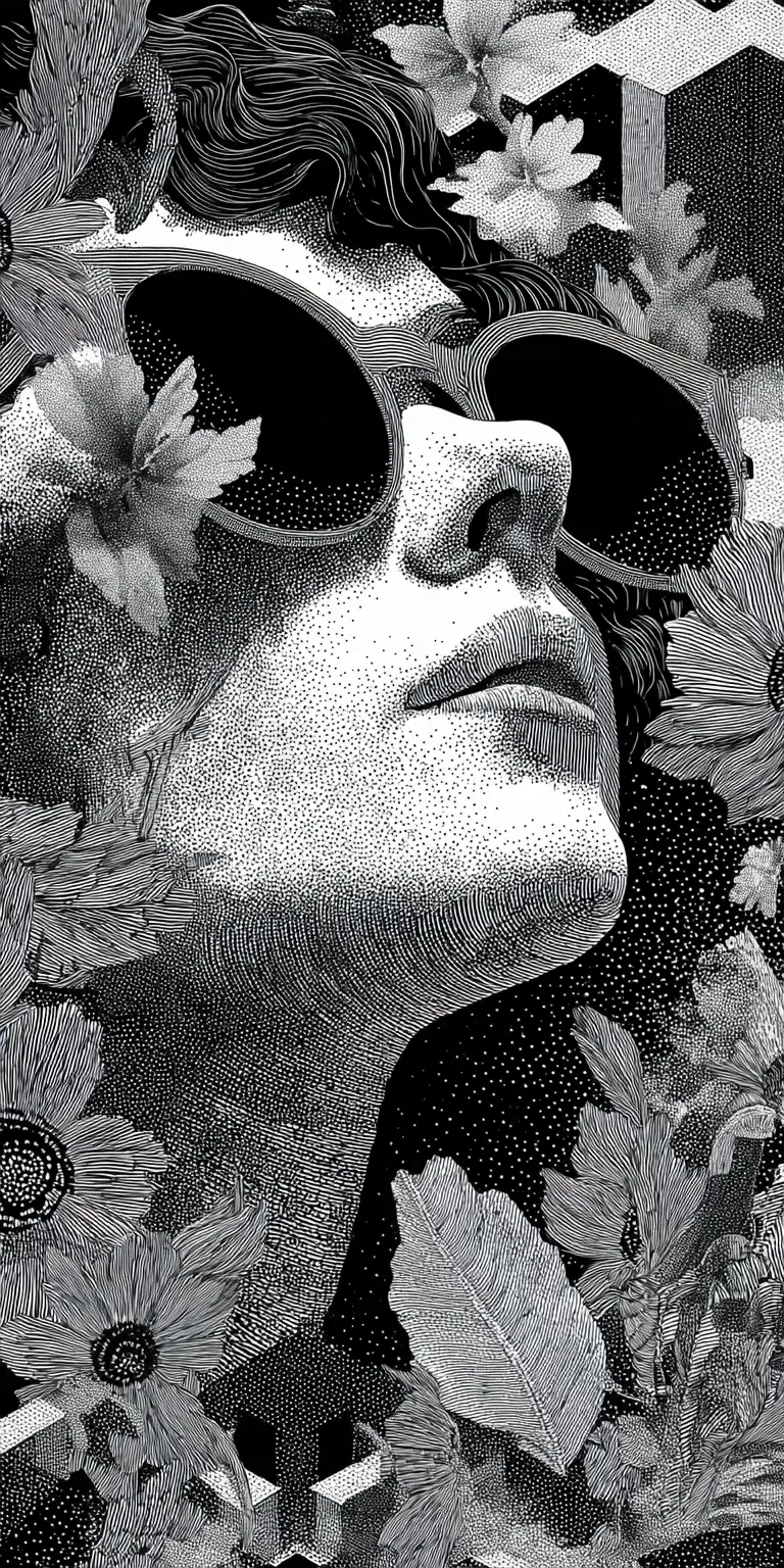 Surreal monochrome portrait of a woman with flowers and sunglasses