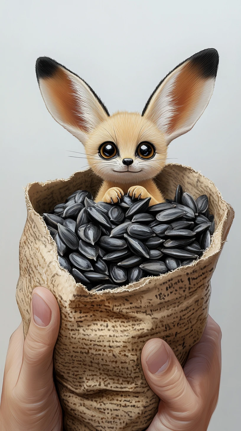 Cartoon fennec fox sitting on sunflower seeds in paper cone