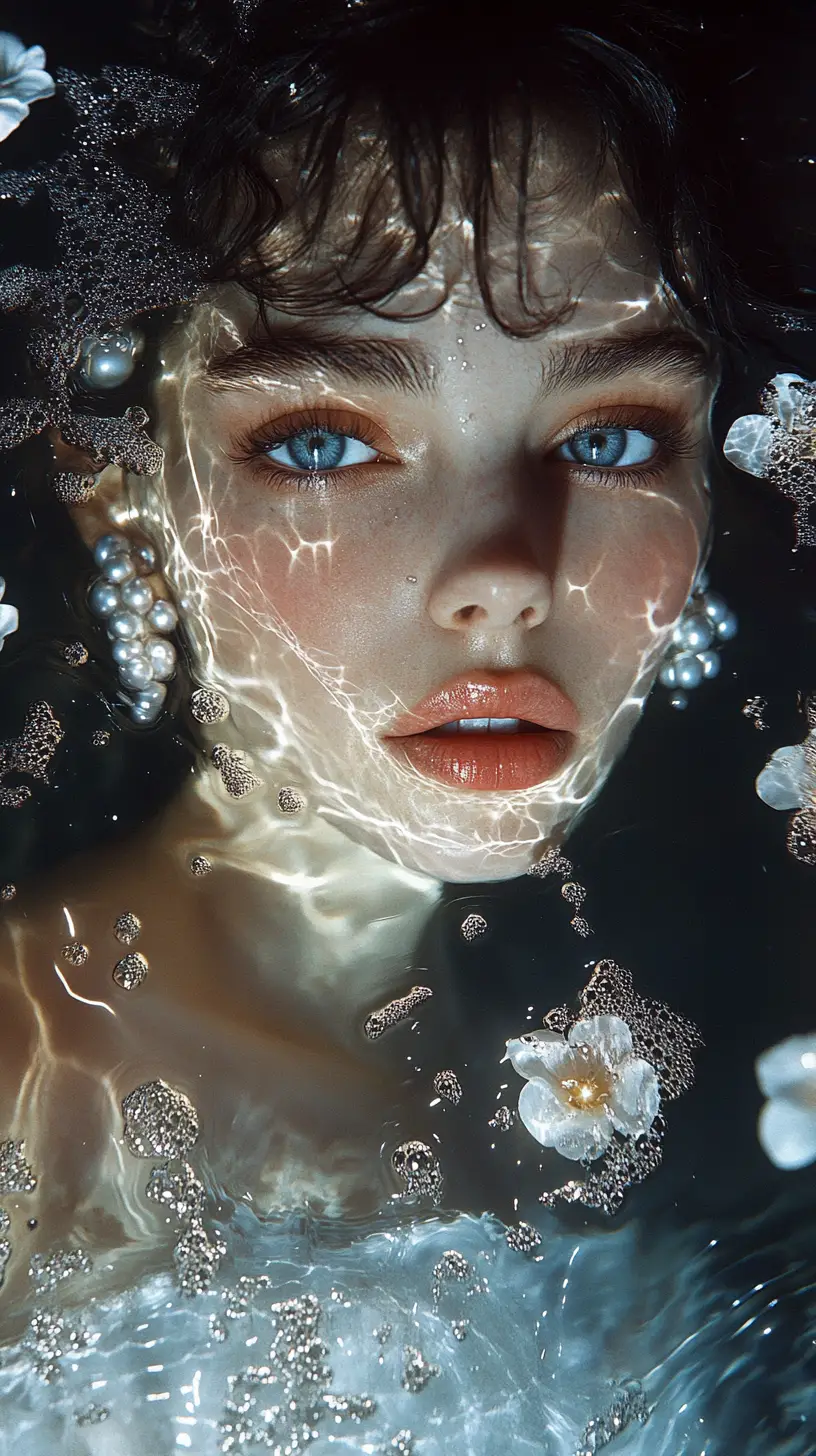 Ethereal woman rising from dark water in surreal light