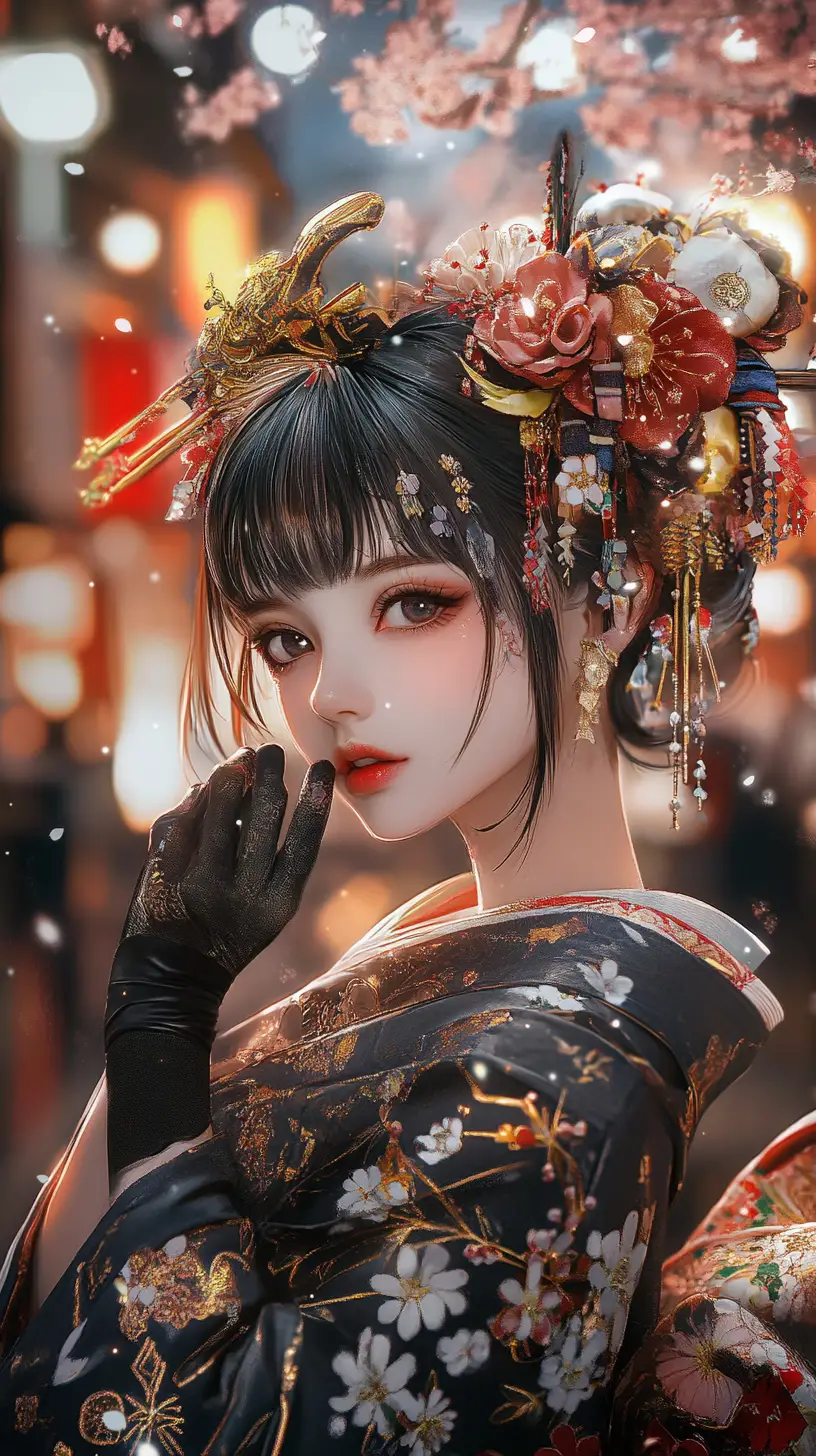 Anime heroine in floral kimono on a neon japanese street