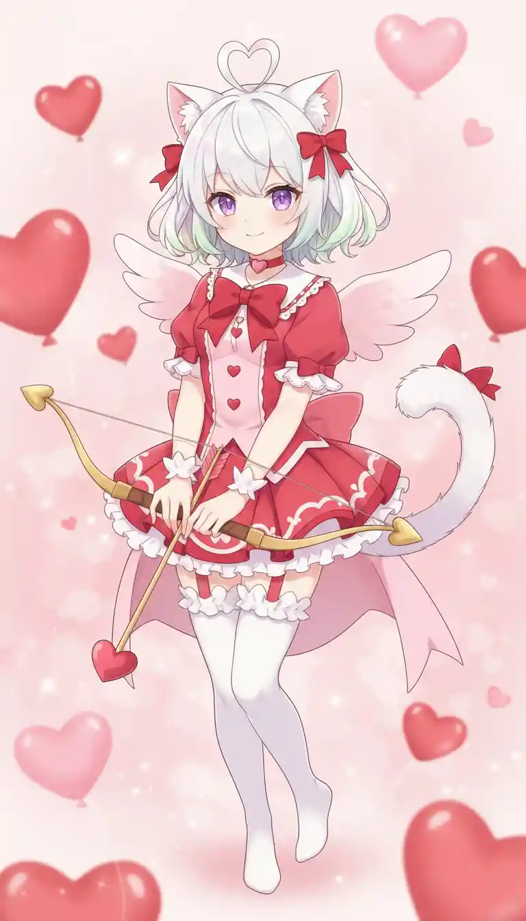 Pink haired anime cupid girl with heart balloons