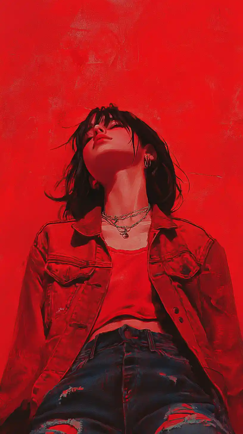 Melancholic anime girl in red jacket against crimson wall