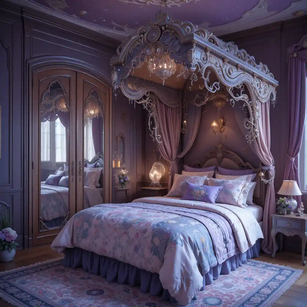 Cameretta fantasy fiabesca con letto a soppalco oversize e specchio