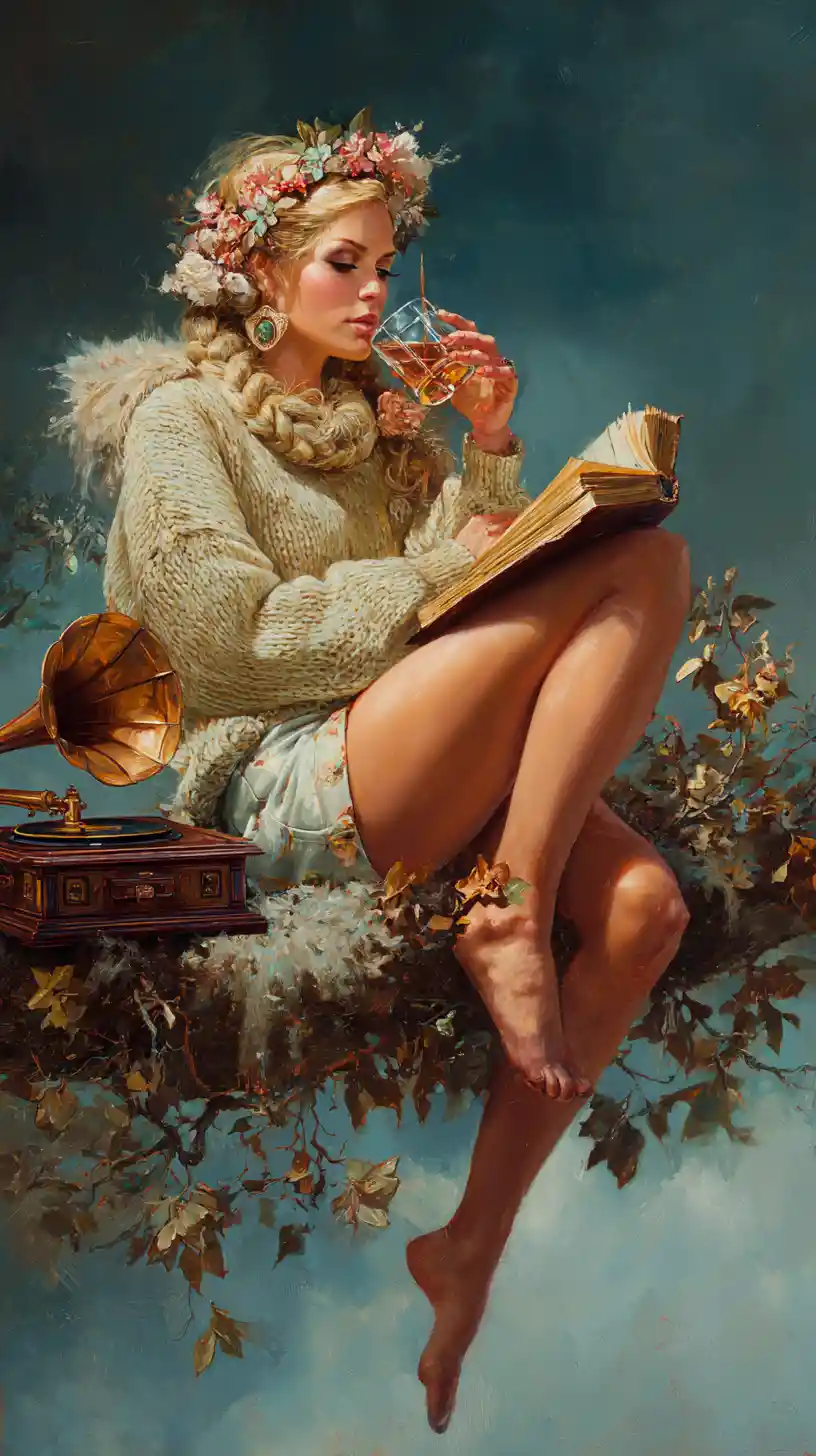 Junge Frau ruht mit Buch und Grammofon in einem Baum