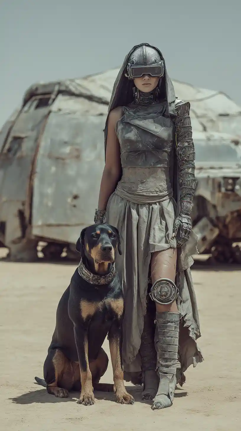 Mulher vanguardista e cão cibernético em apocalipse no deserto