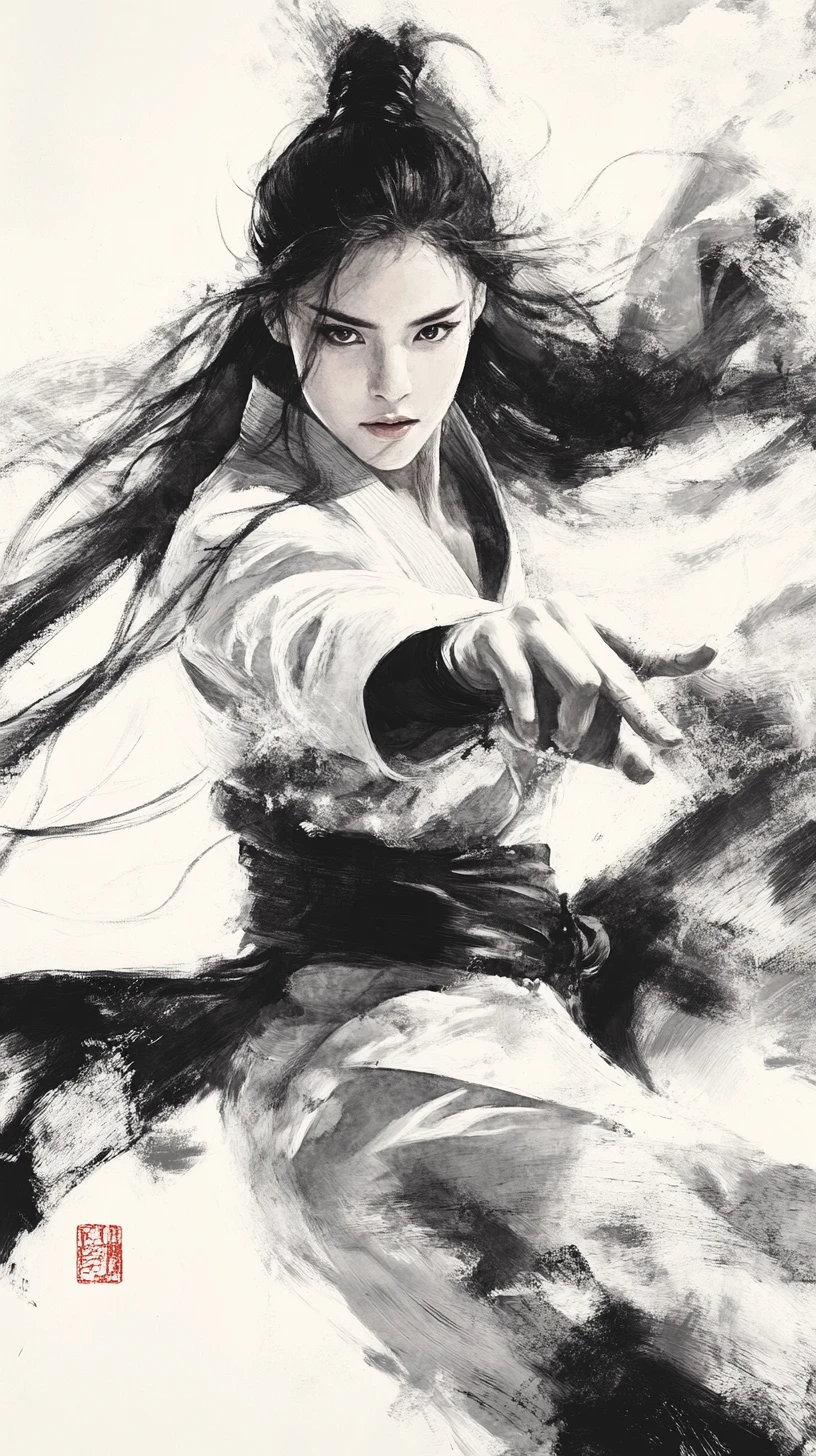 Female martial artist channels energy in ink wash style