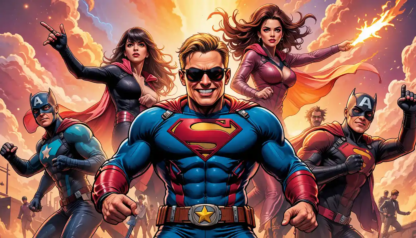 Young hero with cap leading a dynamic superhero team