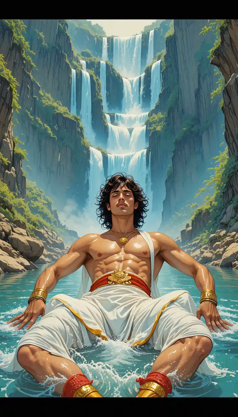 Mature man reclining in river beneath towering waterfall